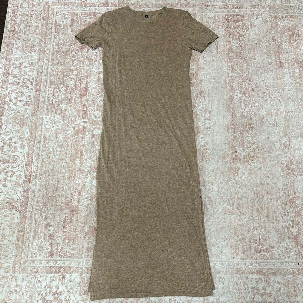 Beige Knit Long Dress With Side Slits - Picture 2 of 11